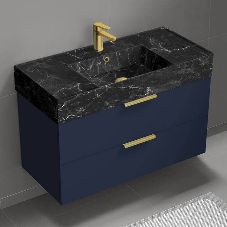 Nameeks DERIN916 Wall Mounted Bathroom Vanity With Black Marble Design Sink, Modern, Single, 40 Inch, Night Blue